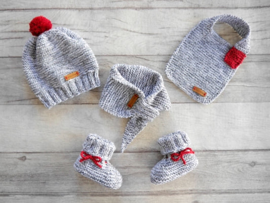 Strickanleitung - Babymütze, Babyschuhe, Babyschal, Babylätzchen BASIC - für Anfänger geeignet – Erstlingsausstattung – No.168